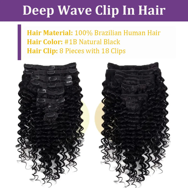 Clip in Hair Extensions With 18 Clips Deep Wave Real Human Hair Curly Thick to Ends for Women 120G 240G Per Set Natural Black