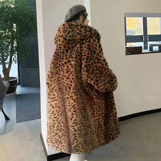 Buy leopard LIUJ QM Hooded Oversized Jacket Winter Fur Coat Women Parka Long Warm Faux Fur Jacket Coats Loose Winter Coat Women -20 Degrees