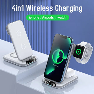 Foldable Alarm Clock 3 in 1 Wireless Charger for Apple Watch8/7/6/AirPods Digital Time Wireless Charger for iPhone 11/12/13/14/