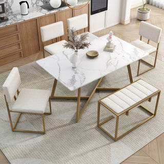 Modern Faux Marble 6-Piece Dining Table Set,60inch Metal Kitchen Table Set With Upholstered Dining Chairs and Bench, Gol