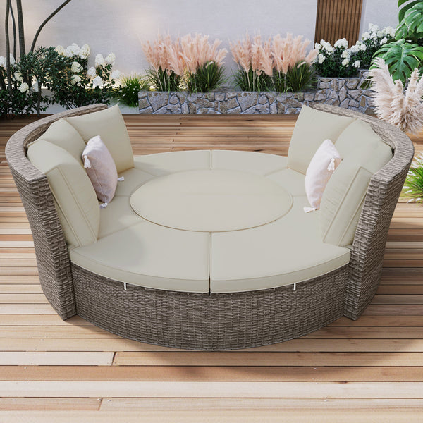 Patio 5-Piece Round Rattan Sectional Sofa Set All-Weather PE Wicker Sunbed Daybed With Round Liftable Table and Washable