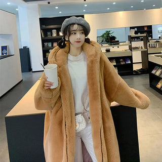 Buy camel LIUJ QM Hooded Oversized Jacket Winter Fur Coat Women Parka Long Warm Faux Fur Jacket Coats Loose Winter Coat Women -20 Degrees