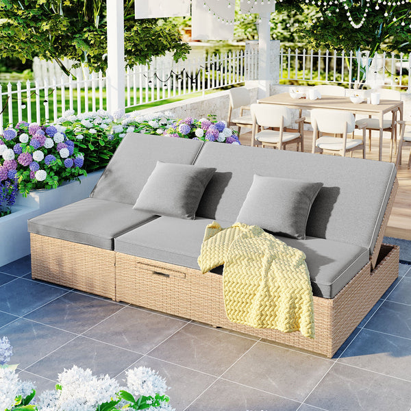 Outdoor Double Sunbed, Wicker Rattan Patio Reclining Chairs With Adjustable Backrest and Seat, Conversational Set for 2