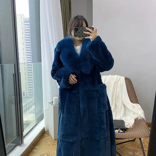 Buy blue 2023 Plus Size 5xl Winter Coat Women Fashion Belt X Long v Neck Thick Warm Faux Fox Fur Winter Coats for Women  B051