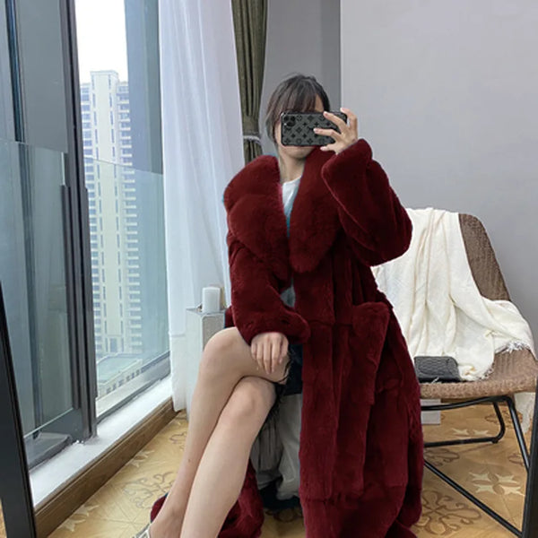 2023 Plus Size 5xl Winter Coat Women Fashion Belt X Long v Neck Thick Warm Faux Fox Fur Winter Coats for Women  B051