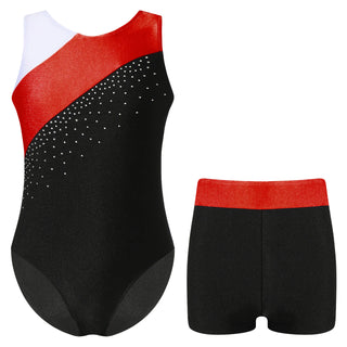 Buy red Kids Girls Shiny Rhinestone Gymnatics Leotards Ballet Dance Leotards Bodysuit With Shorts Set Ballet Jersey Unitard Dancewear