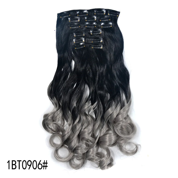 16 Clips Clip in Hair Extension Long Synthetic Hair Heat Resistant Hairpiece Natural Wavy Ombre Hair Piece 6Pcs/Set 20Inch LIHUI