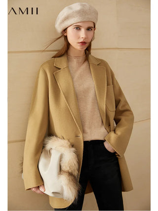 Amii Minimalism Winter Women's Jacket Double-Sided Woolen Coat Fashion Solid Belt 100%wool Coat Female Winter Coat   12020362