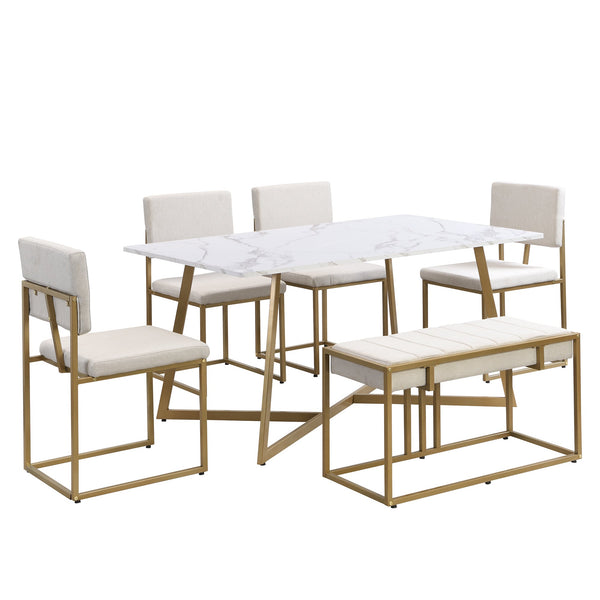 Modern Faux Marble 6-Piece Dining Table Set,60inch Metal Kitchen Table Set With Upholstered Dining Chairs and Bench, Gol