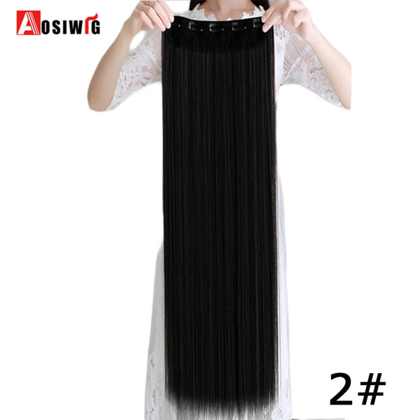 AOSIWIG Long Straight Natural Fake Hairpieces Black Brown Color  High Temperture Synthetic 5 Clip in Hair Extensions for Women