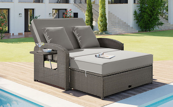 PE Wicker Rattan Double Chaise Lounge, 2-Person Reclining Daybed With Adjustable Back and Cushions, Free Furniture Prote