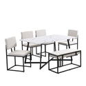 Modern Faux Marble 6-Piece Dining Table Set,60inch Metal Kitchen Table Set With Upholstered Dining Chairs and Bench, Bla