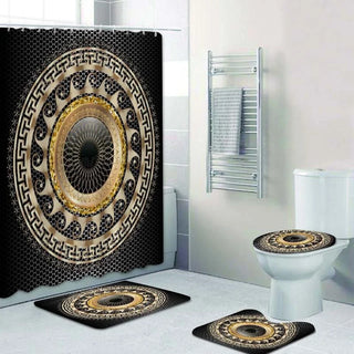 Buy 4pcs-set 3D Luxury Black Gold Greek Key Meander Baroque Bathroom Curtains Shower Curtain Set for Bathroom Modern Geometric Bath Rug Decor