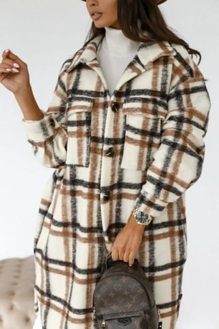 Buy camel Winter Checked Jackets Coats Women Fashion Casual Oversized Turn Down Collar Long Outwear Thick Warm Woolen Blends Overcoats