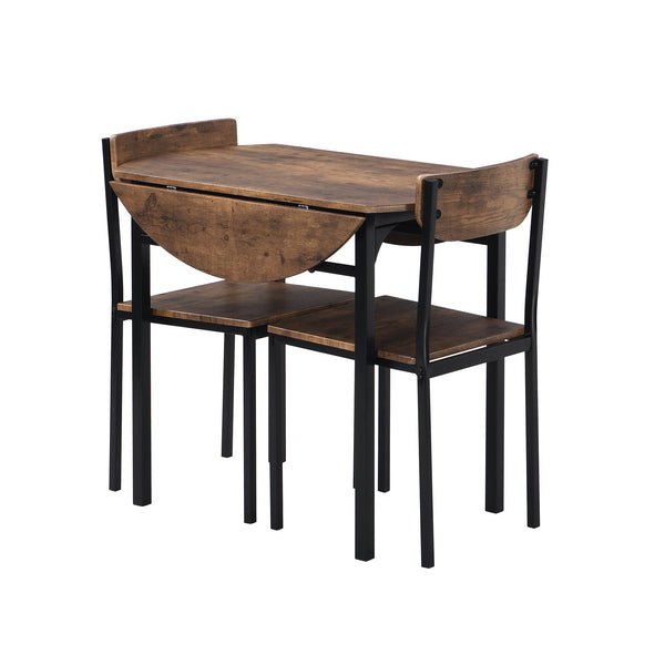 Modern 3-Piece Round Dining Table Set With Drop Leaf and 2 Chairs for Small Places,Black Frame+Rustic Brown Finish