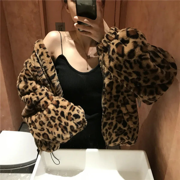 Winter Leopard Print Jacket Women's Stand Collar Warm Parkas Outwear 2024 New Autumn Winter Korean Female Loose Faux Fur Coats