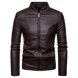 Buy brown Fashion Brand Motorcycle Men&#39;s Leather Jackets 2020 Winter Stand Collar Zipper Male Leather Jacket Comfortable Warm Coats