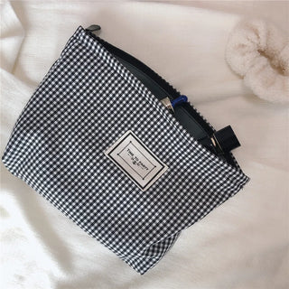 Buy black-fine-grid Hylhexyr Large Women Corduroy Cloth Cosmetic Bag Zipper Make Up Bags Travel Washing Makeup Organizer Beauty Case Solid Color