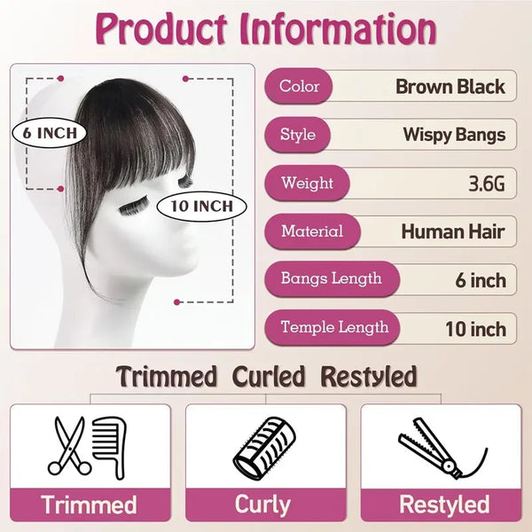 100% Human Hair Black Brown Invisible Hair Bangs Clip in Straight Bangs and Sideburns Extensions Hairpiece Hair Piece