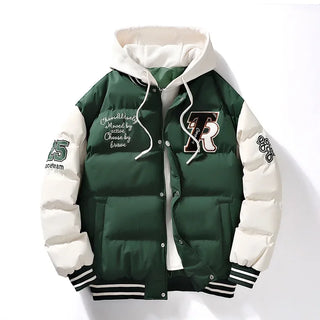 Buy green Fashion Thickened Baseball Jacket New Fake Two-Piece Hooded Cotton Coat Winter Outdoor  Warm Coats Luxury Brand Clothing