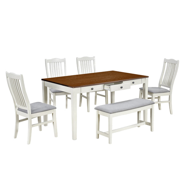 Mid-Century 6-Piece Wood Dining Table Set, Kitchen Table Set With Drawer, Upholstered Chairs and Bench, Butter Milk