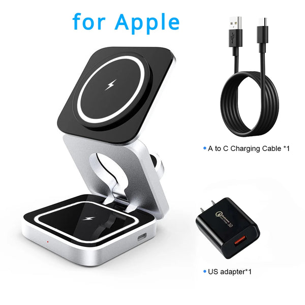 Travel 3 in 1 Magnetic Wireless Charger Foldable Stand Dock for IPhone 15, 14, AirPods,iwatch for Apple / for Samsung Galaxy S23