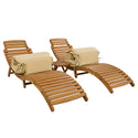 Outdoor Patio Wood Portable Extended Chaise Lounge Set With Foldable Tea Table for Balcony, Poolside, Garden, Brown