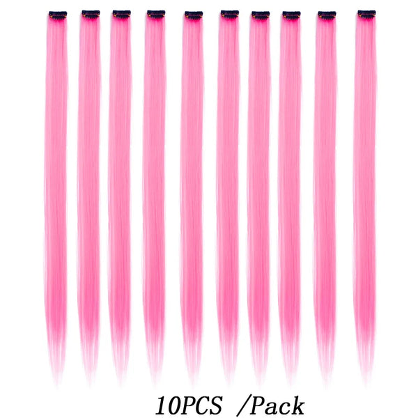 10Packs Straight Colored Clip in Hair One Piece Long Synthetic Rainbow 22 Inch Party Highlights Extensions for Women Kids Girls