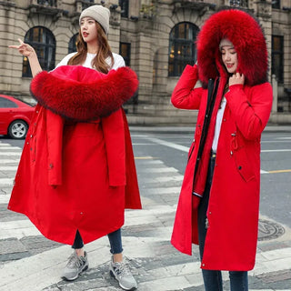 Buy red 2022 New Women Winter Jacket Long Coat Casual Parkas Removable Fur Lining Hooded Parka Cotton Thicken Warm Jacket Mujer Coats