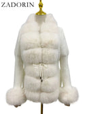 ZADORIN Fall Winter Women Faux Fur Coat Luxury Knitted Sweater Fur Cardigan Detachable Collar White Pink Jacket Faux Fur Coats