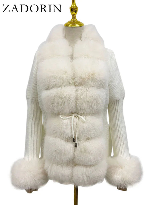 ZADORIN Fall Winter Women Faux Fur Coat Luxury Knitted Sweater Fur Cardigan Detachable Collar White Pink Jacket Faux Fur Coats