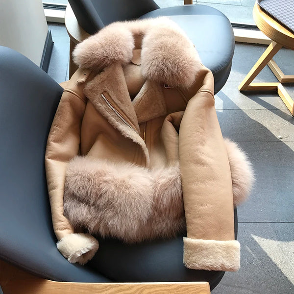 Maylofuer Genuine Sheepskin Leather Jacket Women Real and Natural Fox Fur Coat Slim Full Pelt Fur Coats for Winter