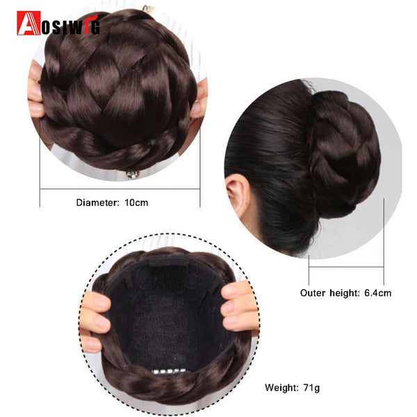 AOSI Hair Braided Clip in Hair Bun Chignon Hairpiece Donut Roller Bun Hairpiece Hand Knitting Braid Synthetic Chignon