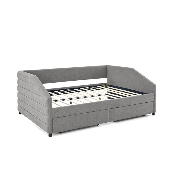 Queen Size Daybed With Two Drawers Trundle Upholstered Tufted Sofa Bed, Linen Fabric, Grey (88"x64.5"x34")