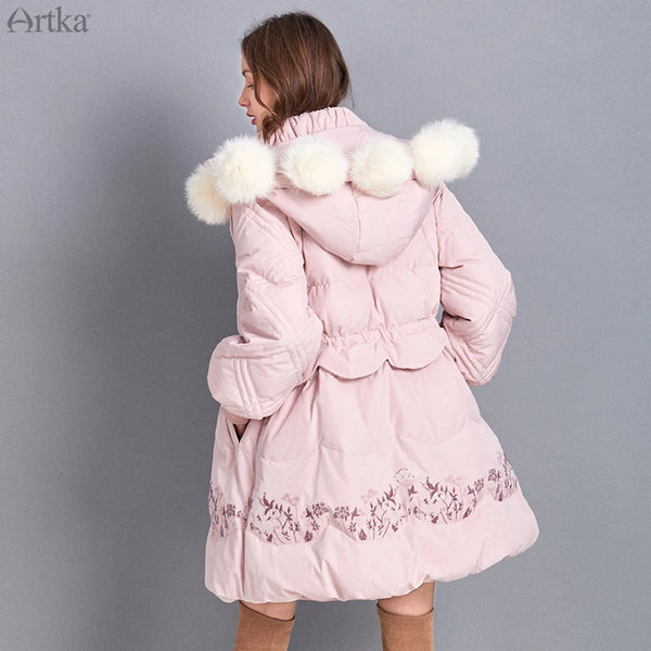 ARTKA 2019 Winter New Women Flower Embroidery 90% White Duck Down Coat Fox Fur Collar Hooded Thicken Long Down Coats ZK10698D