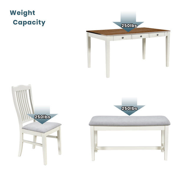 Mid-Century 6-Piece Wood Dining Table Set, Kitchen Table Set With Drawer, Upholstered Chairs and Bench, Butter Milk