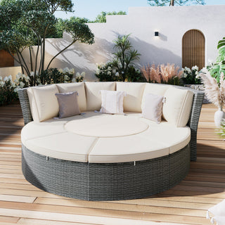 Patio 5-Piece Round Rattan Sectional Sofa Set All-Weather PE Wicker Sunbed Daybed With Round Liftable Table and Washable