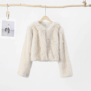 Buy beige-white Lapel Faux Fur Jacket Coat Women Loose Long Sleeve Fluffy Warm Coats Female 2023 Winter Luxury Fashion Lady Overcoat Streetwear