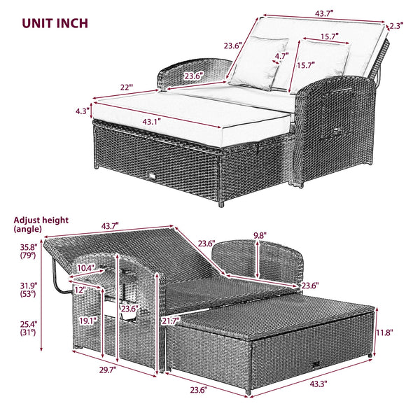 PE Wicker Rattan Double Chaise Lounge, 2-Person Reclining Daybed With Adjustable Back and Cushions, Free Furniture Prote