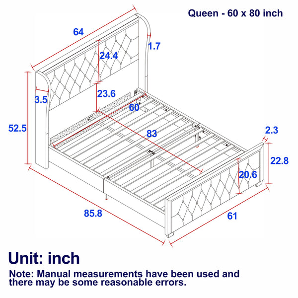 Queen Platform Bed Frame With High Headboard, Velvet Upholstered Bed With Deep Tufted Buttons, Adjustable Colorful LED L