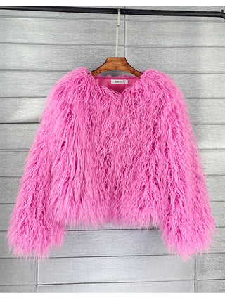 Buy ba-bi-feng Colorful Boho Furry Faux Fur Coat Women Fur Coats Autumn Winter Pink White Shaggy Faux Fur Jacket Tops Festival Clothing