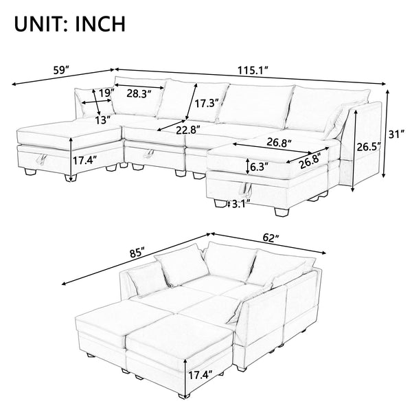 Modern Large U-Shape Modular Sectional Sofa,  Convertible Sofa Bed With Reversible Chaise for Living Room, Storage Seat