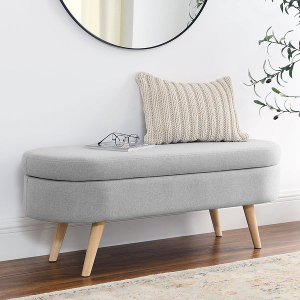 Ottoman Oval Storage Bench, Rubber Wood Legs, Grey(43.5"x16"x16")