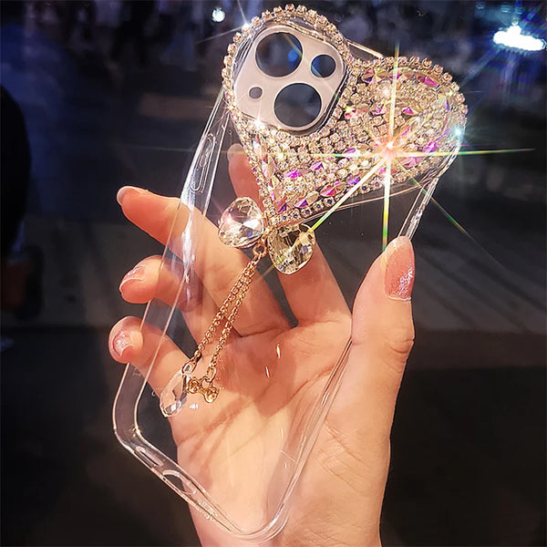 Bling Heart Woman Phone Cases for IPhone 15 Pro Max 14 13 12 Mini 11 XS XR X Plus Coques Camera Protection Cover Glitter Fundas