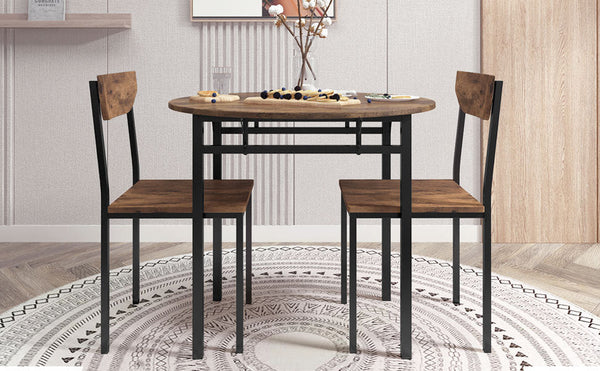 Modern 3-Piece Round Dining Table Set With Drop Leaf and 2 Chairs for Small Places,Black Frame+Rustic Brown Finish