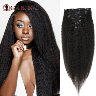 Kinky Straight Clips in Human Hair Extensions Natural Color in 100% Remy Human Hair 7Pcs/Set Full Head for Women 8-28Inch ﻿