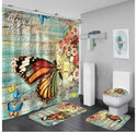 4 Pcs Shower Curtain Sets With 12 Hooks Flowers Floral With Non-Slip Rugs Toilet Lid Cover and Bath Mat Bathroom Decor Set