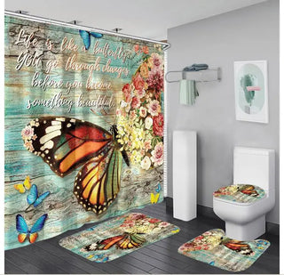 Buy a12 4 Pcs Shower Curtain Sets With 12 Hooks Flowers Floral With Non-Slip Rugs Toilet Lid Cover and Bath Mat Bathroom Decor Set