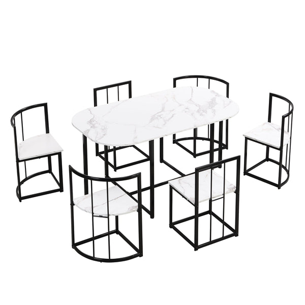 Modern 7-Piece Dining Table Set With Faux Marble Compact 55Inch Kitchen Table Set for 6, Black+White