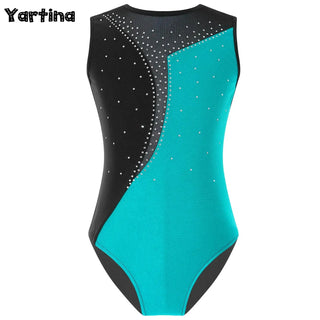 Kids Girls Shiny Rhinestone Gymnatics Ballet Leotards Dance Costume Figure Skating Costume Sleeveless Round Neckline Dancewear